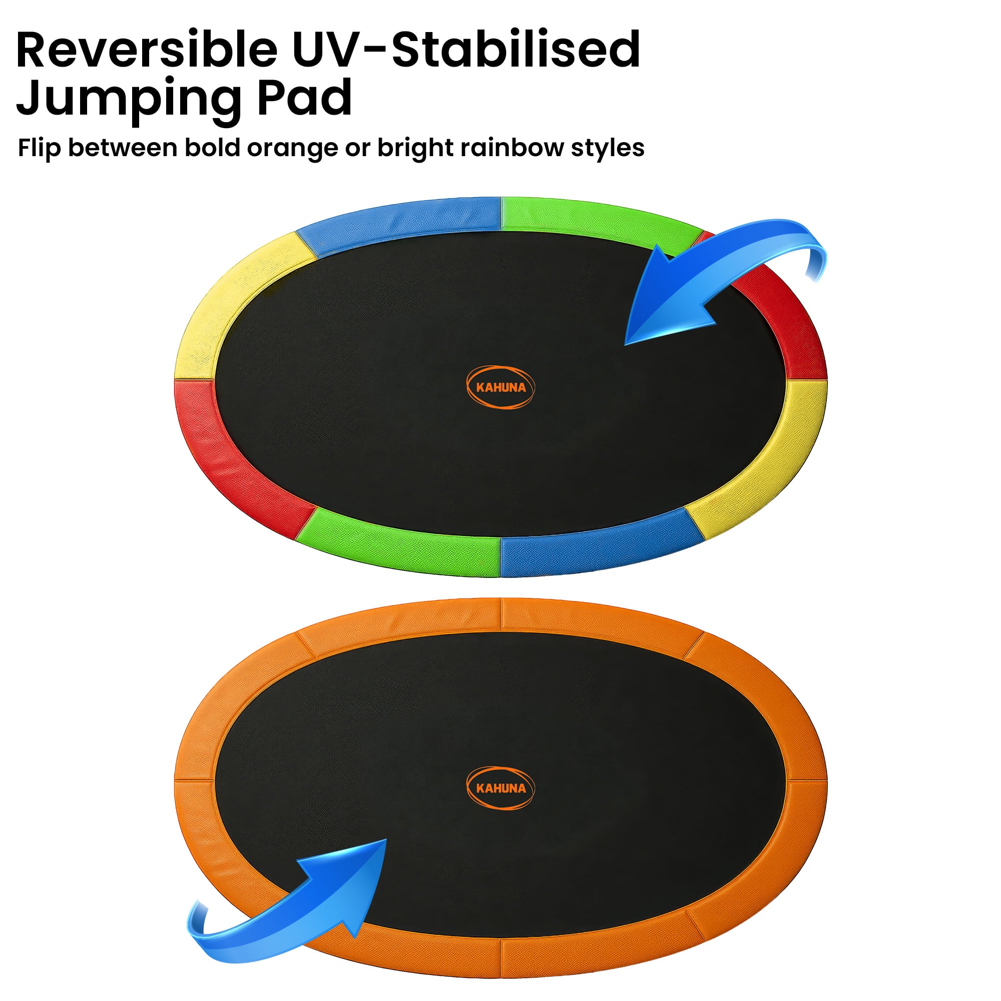 Kahuna 10 ft x 15 ft Oval Outdoor Trampoline with Reversible Rainbow & Orange Safety Pad Safety Net and Ladder